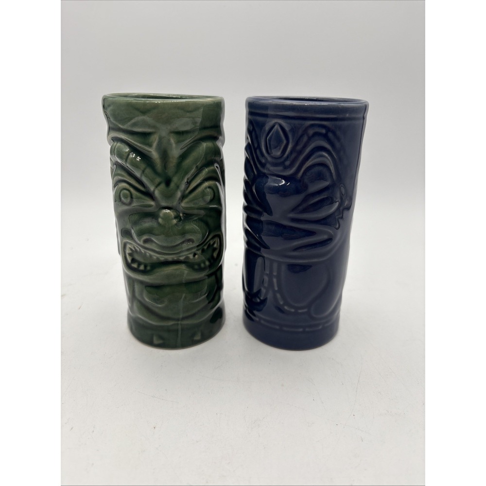 Vtg 2001 Accoutrements Ceramic Tiki Mugs Hawaiian BarWare Tumblers Luau Set of 2